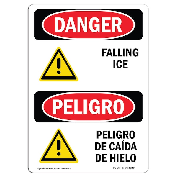 OSHA Sign, Falling Ice Bilingual, 5in X 3.5in Decal, 10PK, 3.5" W, 5" H, Bilingual Spanish, PK10